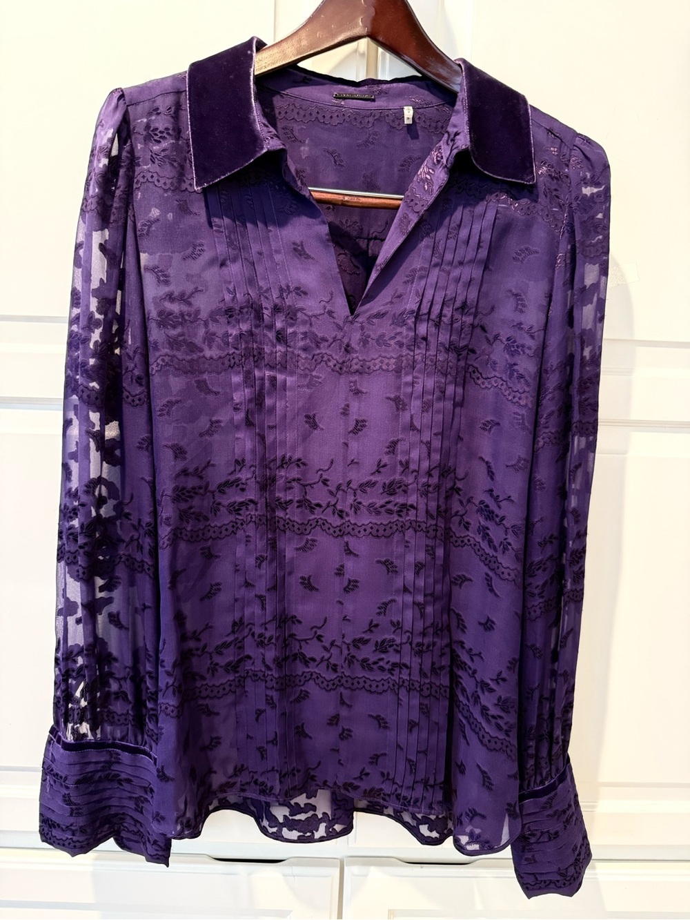 Elie Tahari Deep Purple Lace-Detail Long Sleeve Sheer Blouse Womens Size Medium